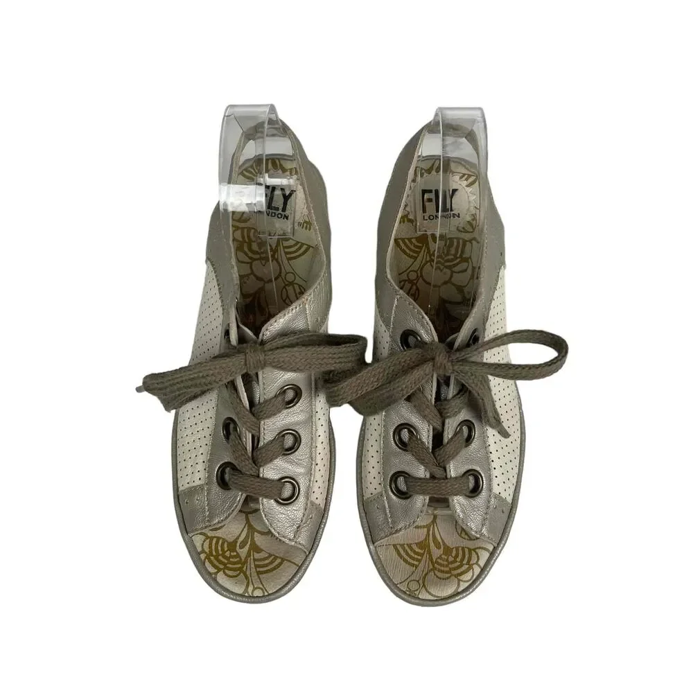 Fly London Womens White Silver Perforated Leather‎ Yuta Wedge Sandals Size 39
